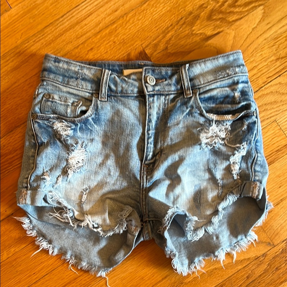 eunina Kara High Rise Distressed High Low Shortie Denim  Shorts size XS